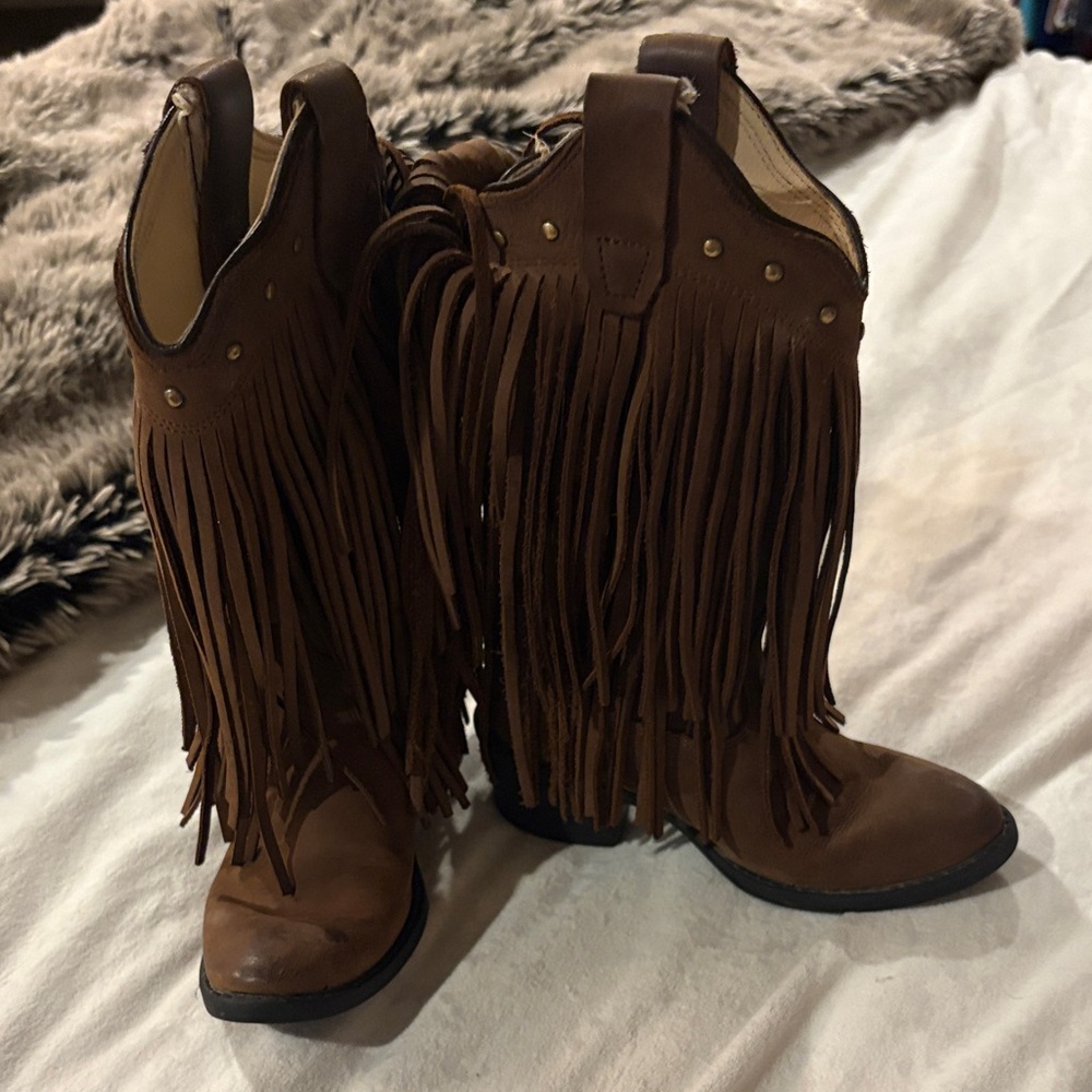 Old West Brown Fringe Kids Boots